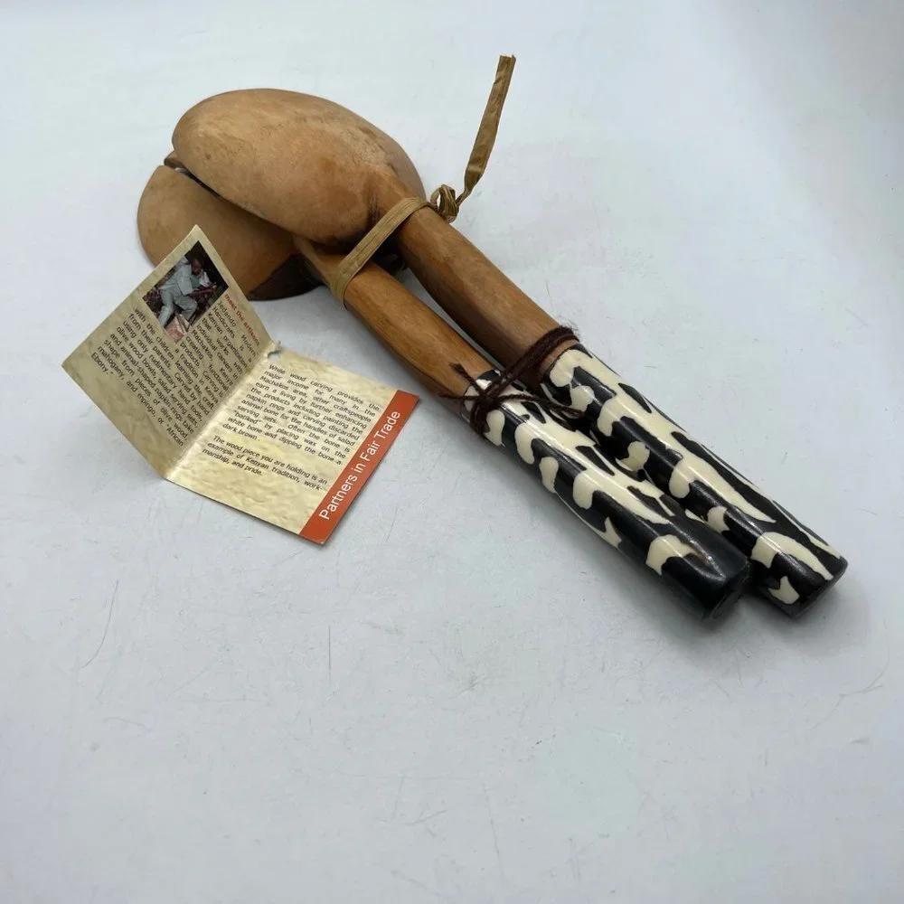 11-INCH OLIVE WOOD AND BONE HANDLES SALAD SERVING SET
